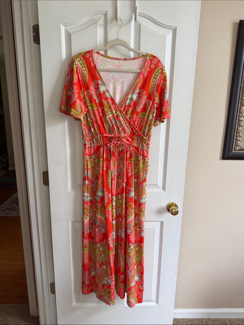🌸 Spartina 449: Coral Paisley Wrap Maxi Dress with Tie Waist
